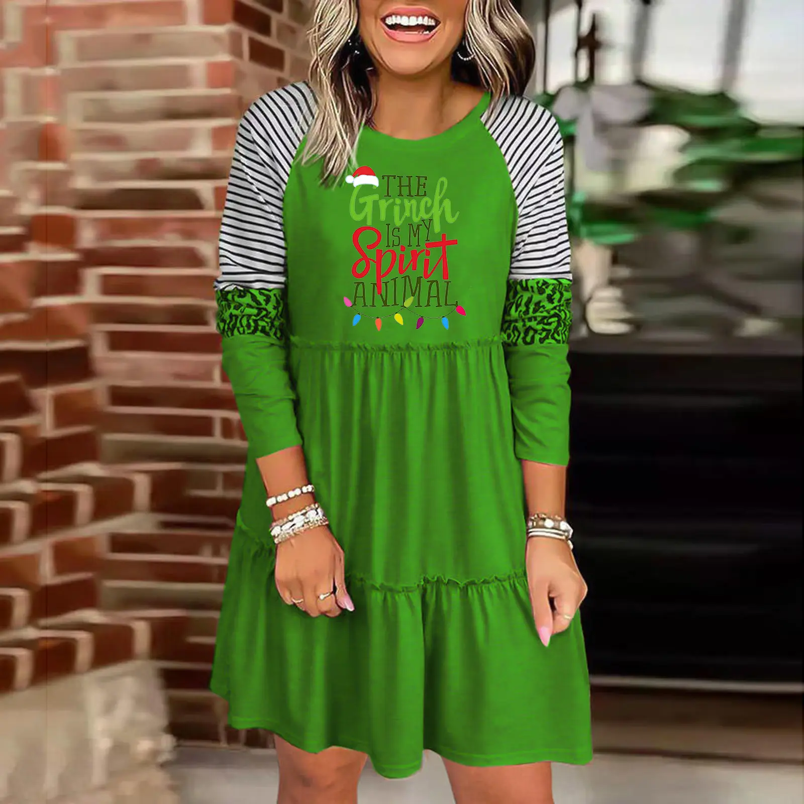 2022 Green Striped Grinch Dress for Women
