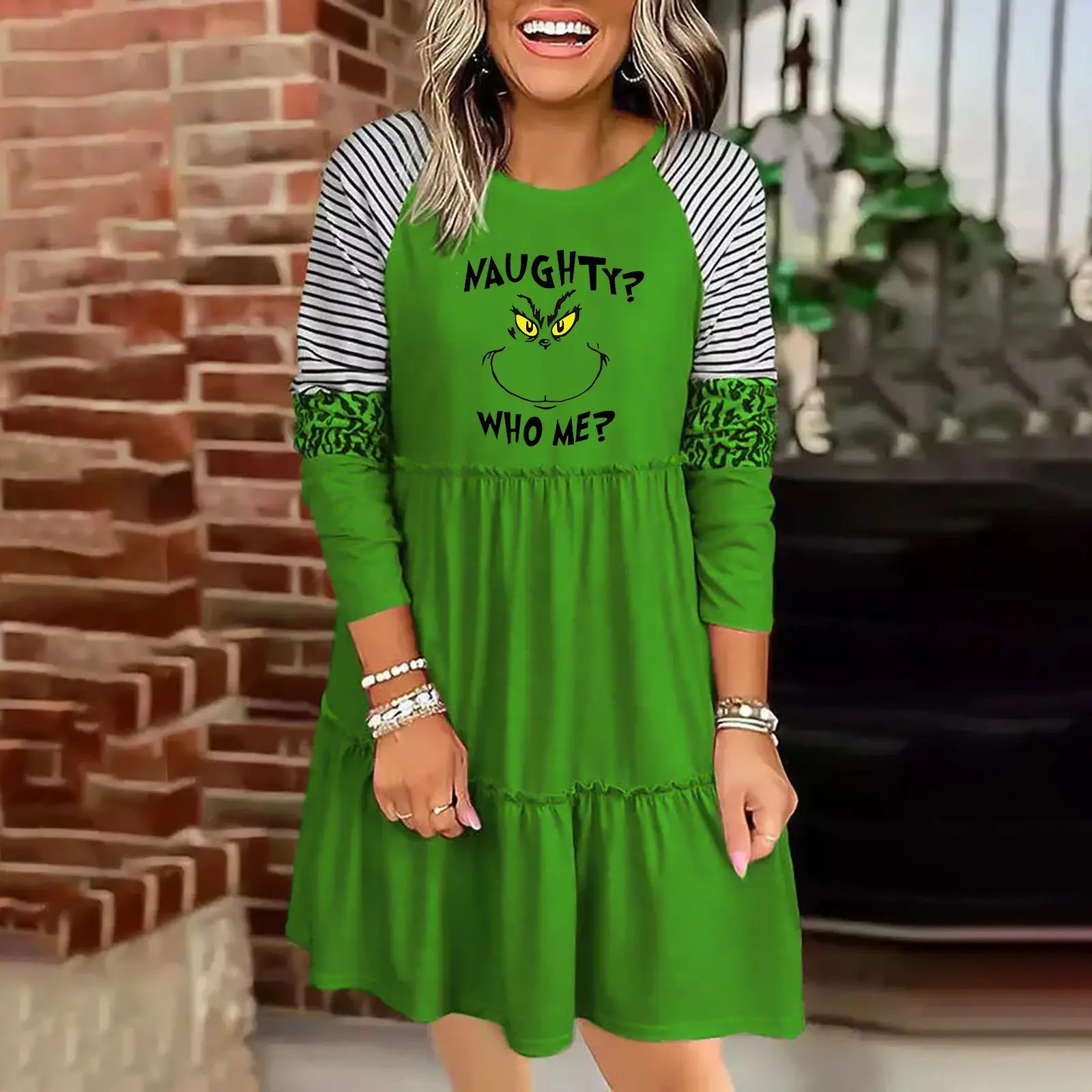 2022 Green Striped Grinch Dress for Women