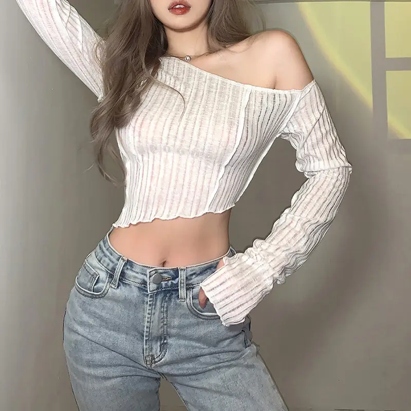 Pink Long Sleeve Slanted Shoulder Top - Image 6