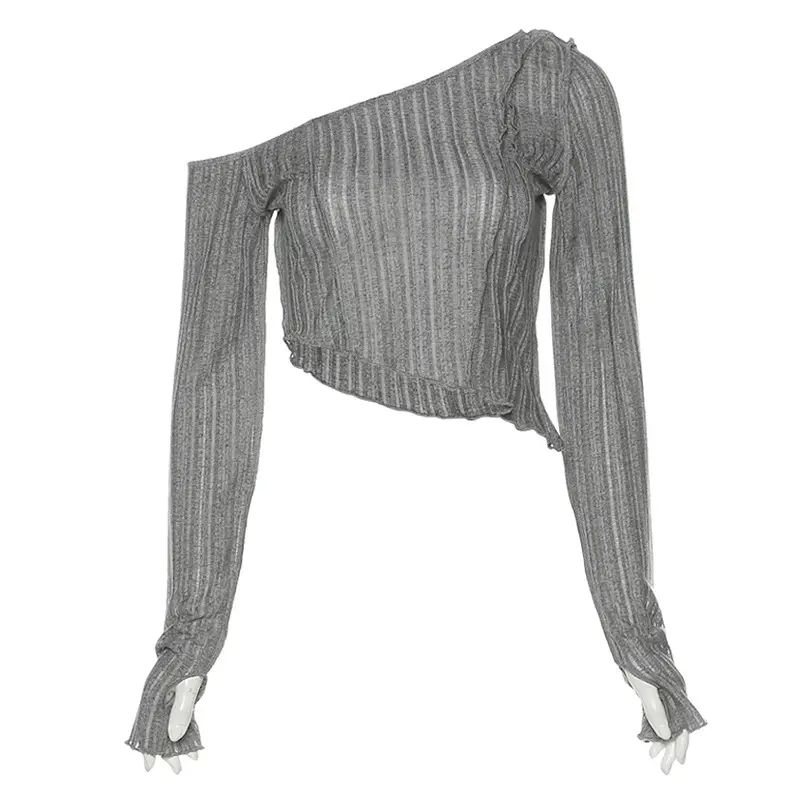 Pink Long Sleeve Slanted Shoulder Top - Image 2