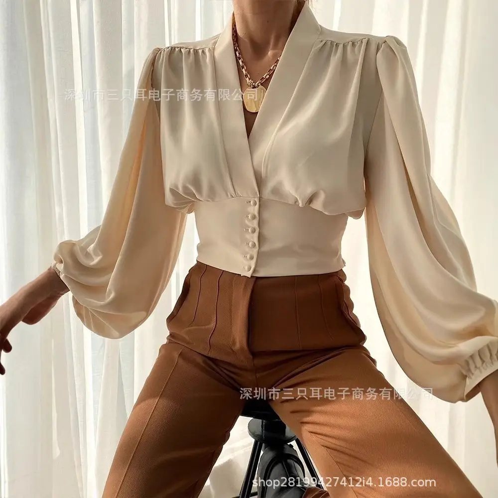 2021 Button V Neck Top with Lantern Sleeve Design - Image 14