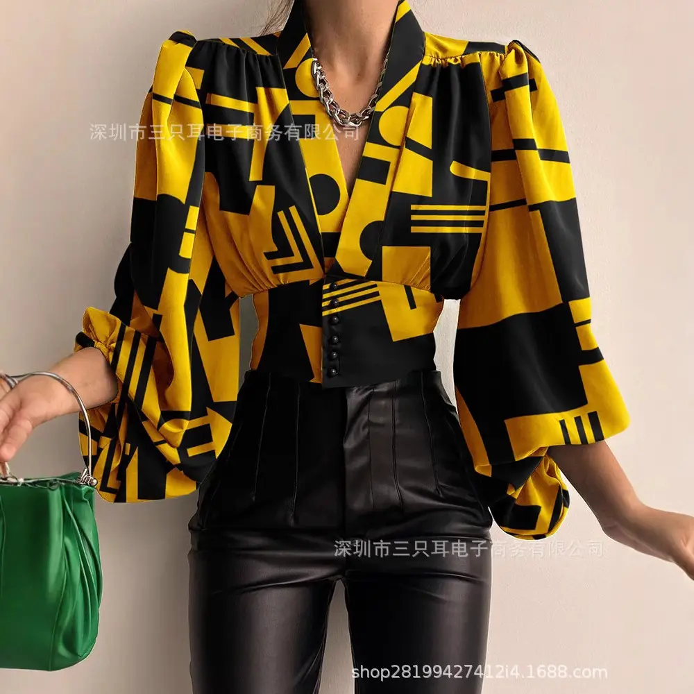 2021 Button V Neck Top with Lantern Sleeve Design - Image 15