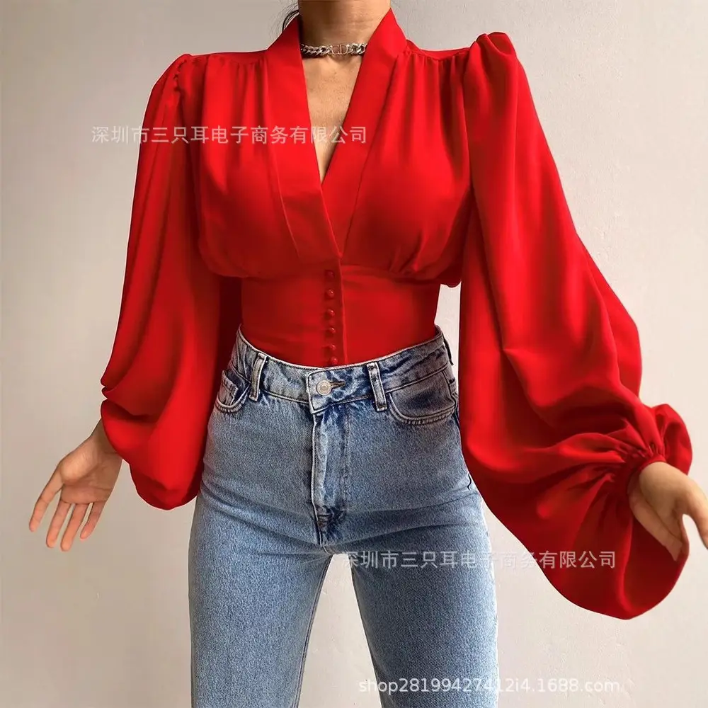 2021 Button V Neck Top with Lantern Sleeve Design - Image 16