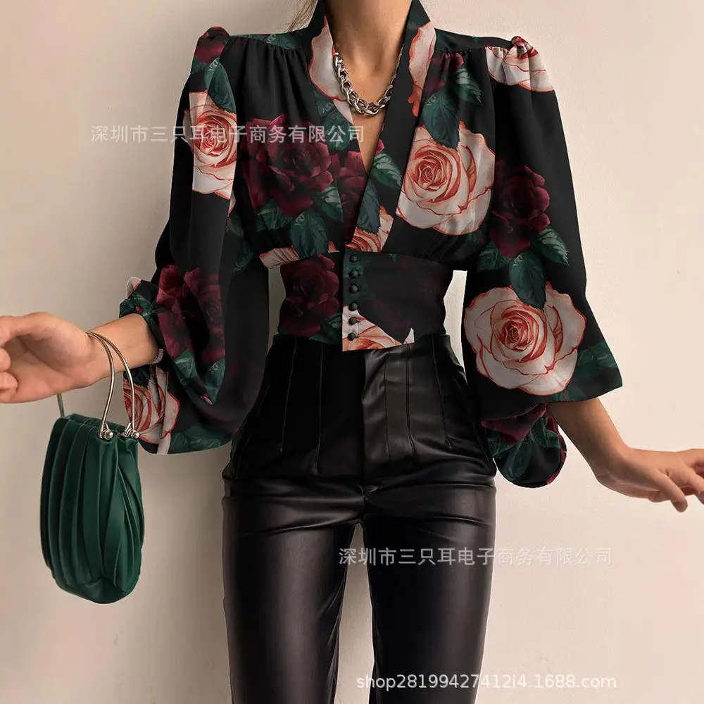 2021 Button V Neck Top with Lantern Sleeve Design - Image 17