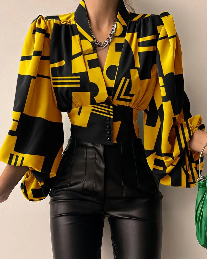2021 Button V Neck Top with Lantern Sleeve Design - Image 2