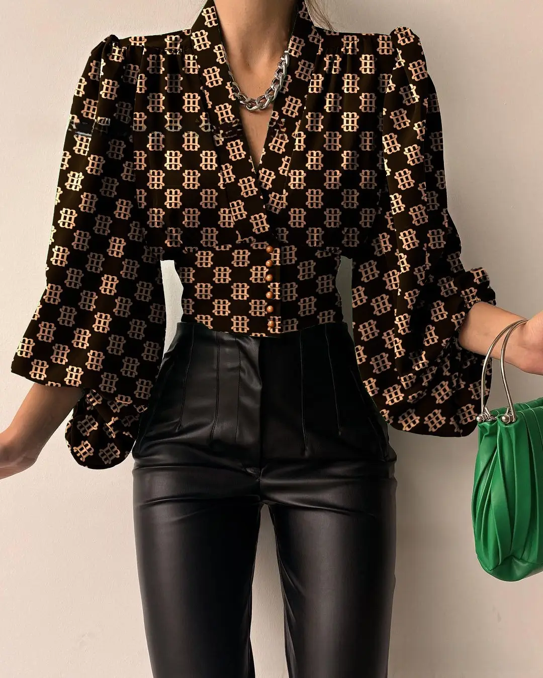 2021 Button V Neck Top with Lantern Sleeve Design - Image 9