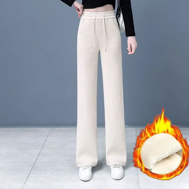 Women Fleece Lined Wide Leg Pants Cream - Image 8