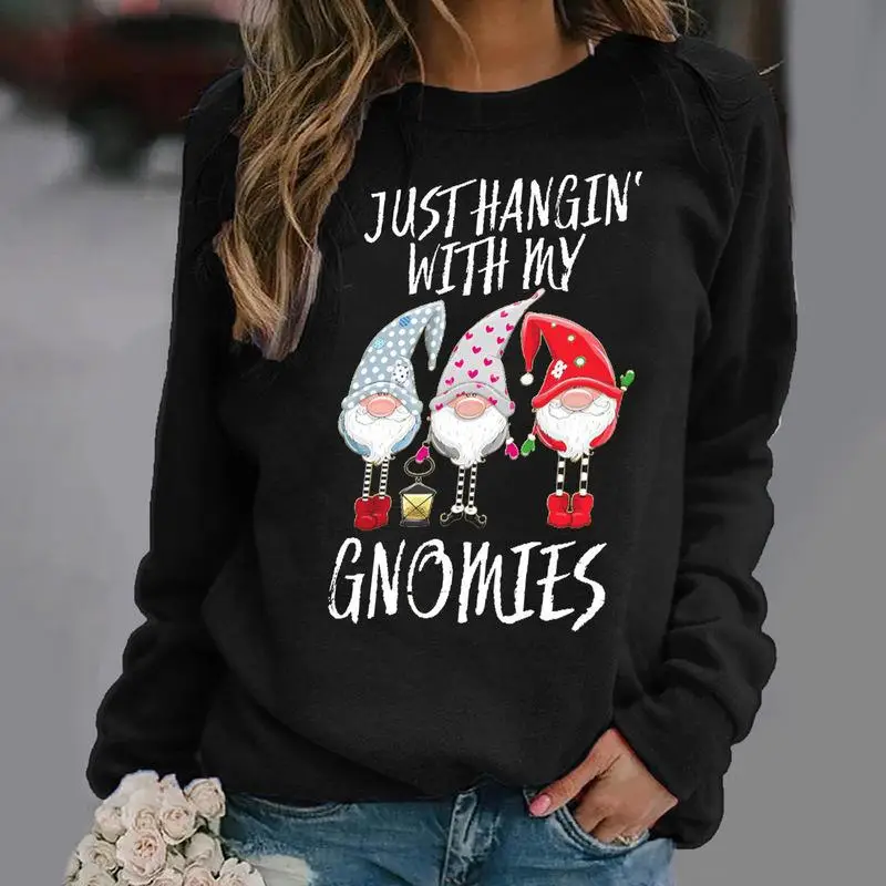 Women's 2021 Winter Gnome Printed Sweatshirt Black - Image 6