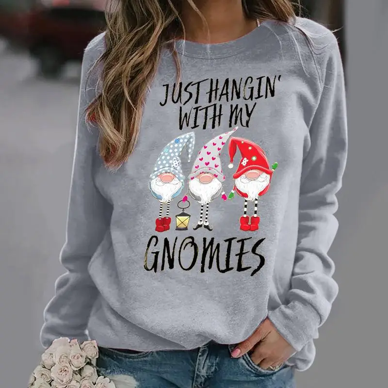 Women's 2021 Winter Gnome Printed Sweatshirt Black - Image 7