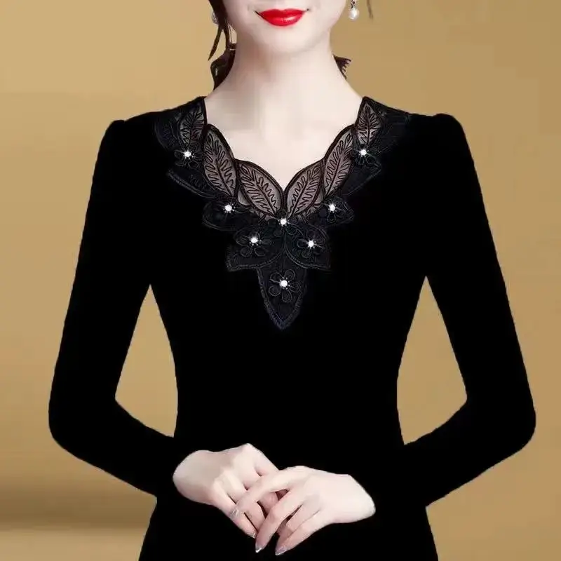 Thin Slim Fit Lace Rhinestone Long Sleeve T-Shirt Black