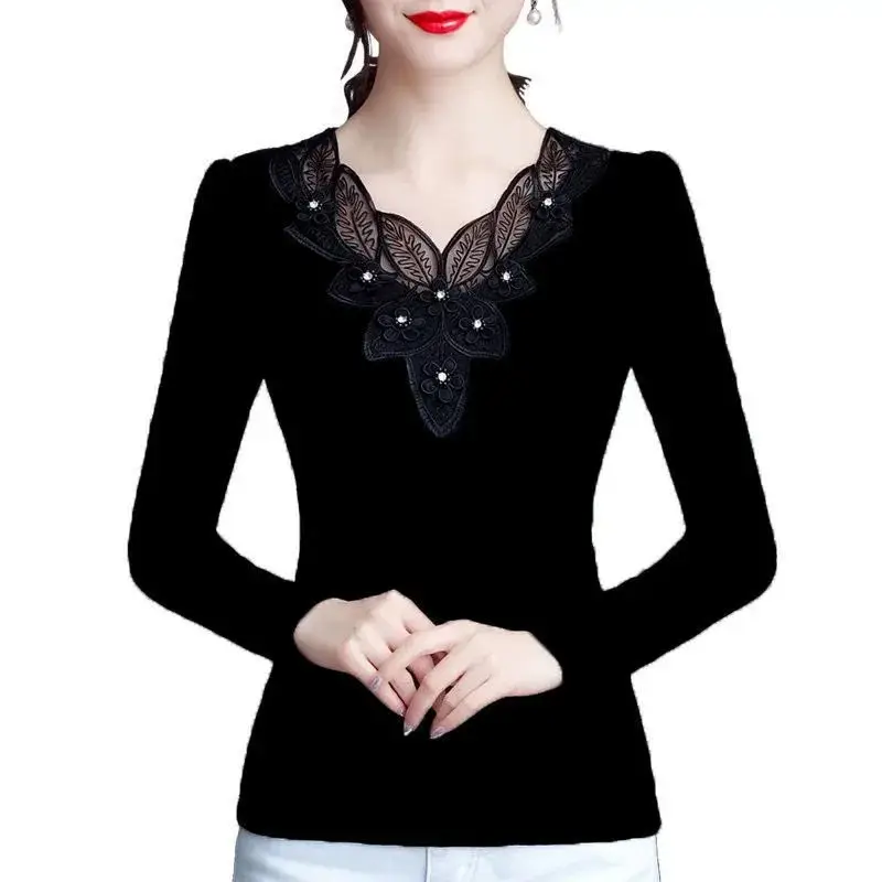 Thin Slim Fit Lace Rhinestone Long Sleeve T-Shirt Black