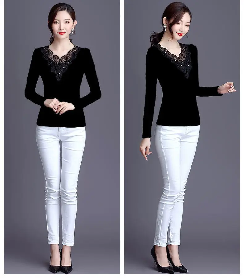 Thin Slim Fit Lace Rhinestone Long Sleeve T-Shirt Black — feature 10