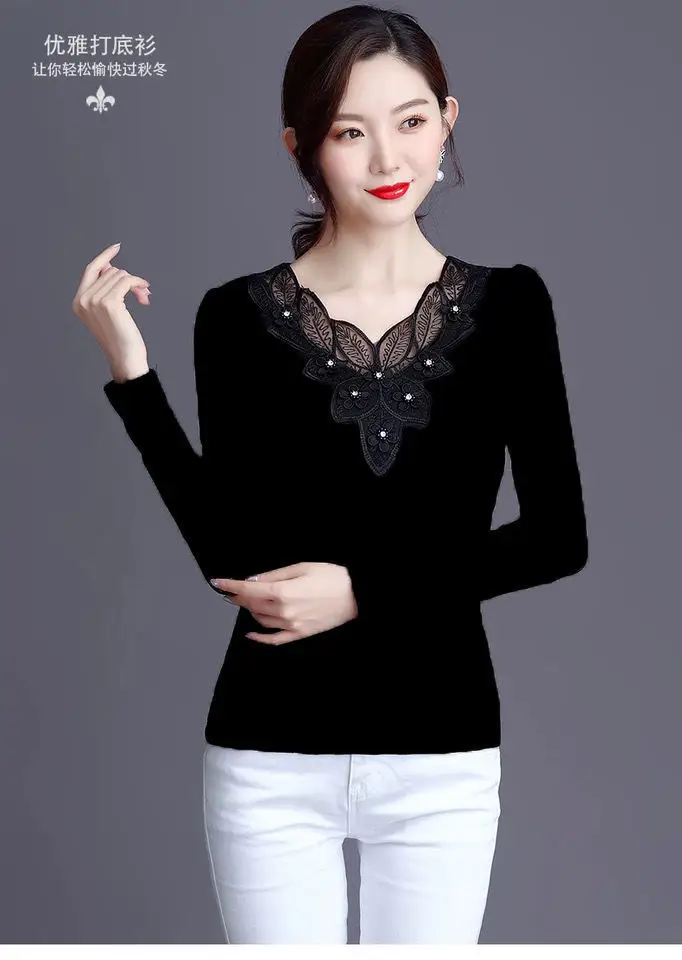 Thin Slim Fit Lace Rhinestone Long Sleeve T-Shirt Black — feature 11