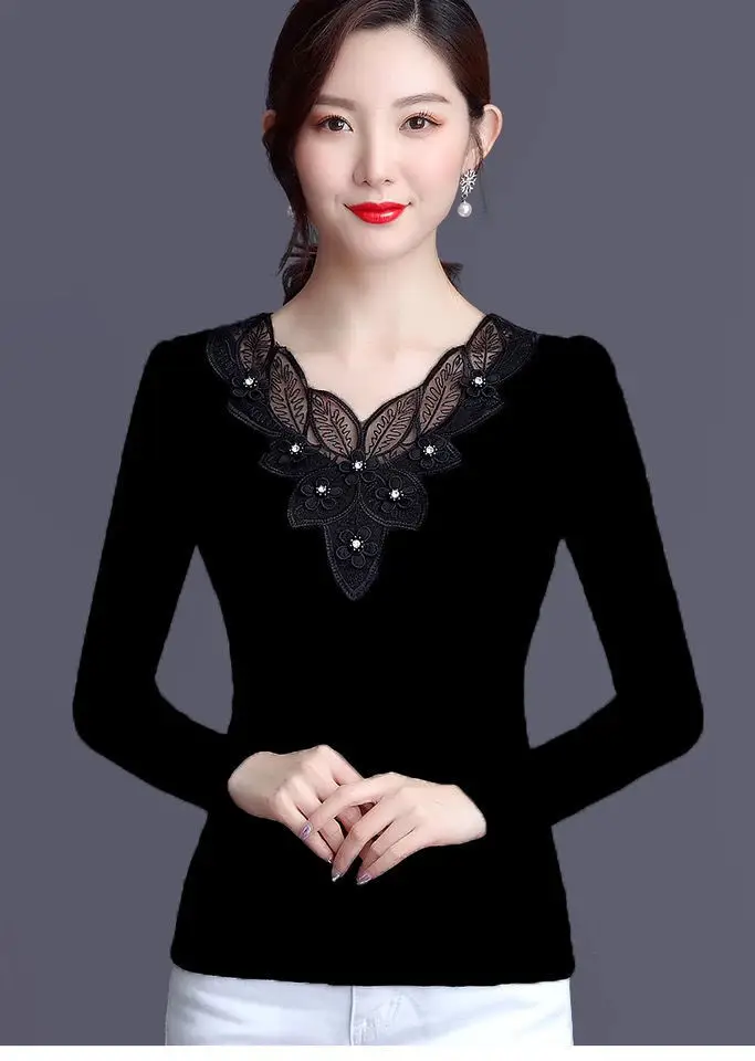 Thin Slim Fit Lace Rhinestone Long Sleeve T-Shirt Black — feature 7