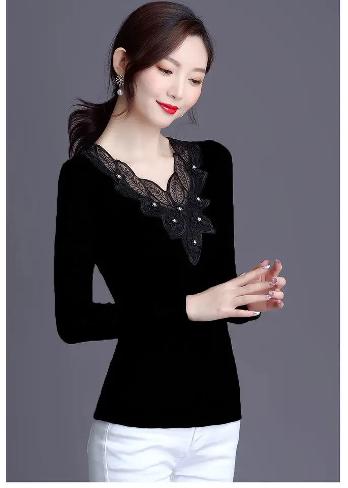 Thin Slim Fit Lace Rhinestone Long Sleeve T-Shirt Black — feature 8