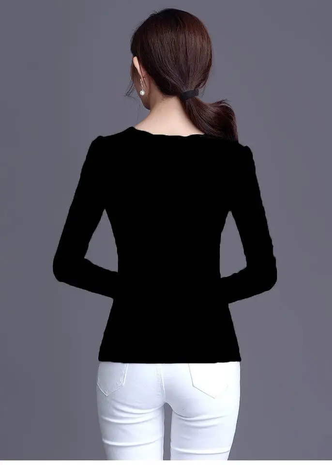 Thin Slim Fit Lace Rhinestone Long Sleeve T-Shirt Black — feature 9