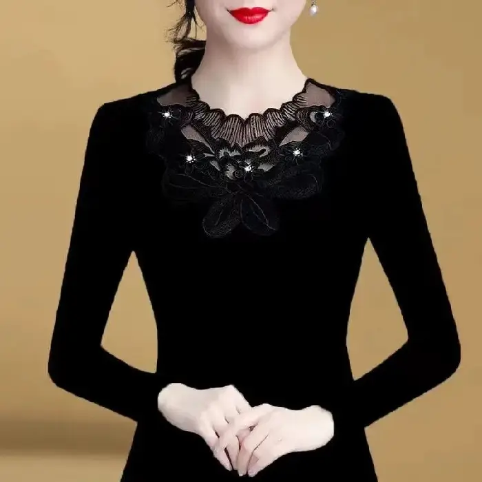 Thin Slim Fit Lace Rhinestone Long Sleeve T-Shirt Black