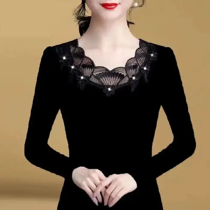 Thin Slim Fit Lace Rhinestone Long Sleeve T-Shirt Black