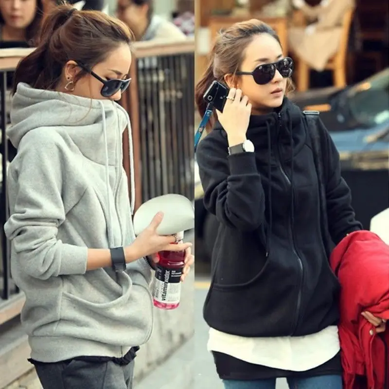 Korean Style Open Lined Hooded Sweatshirt Jacket Black Grey - Image 3
