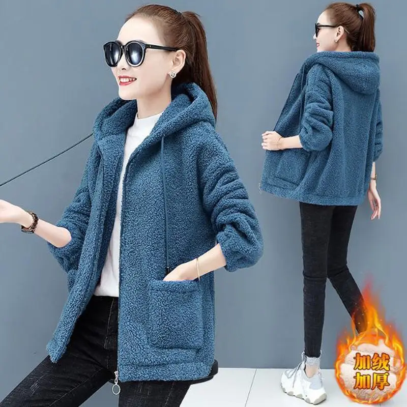 Women's Warm Zipper Cardigan Jacket Brown Velvet Large - Image 6