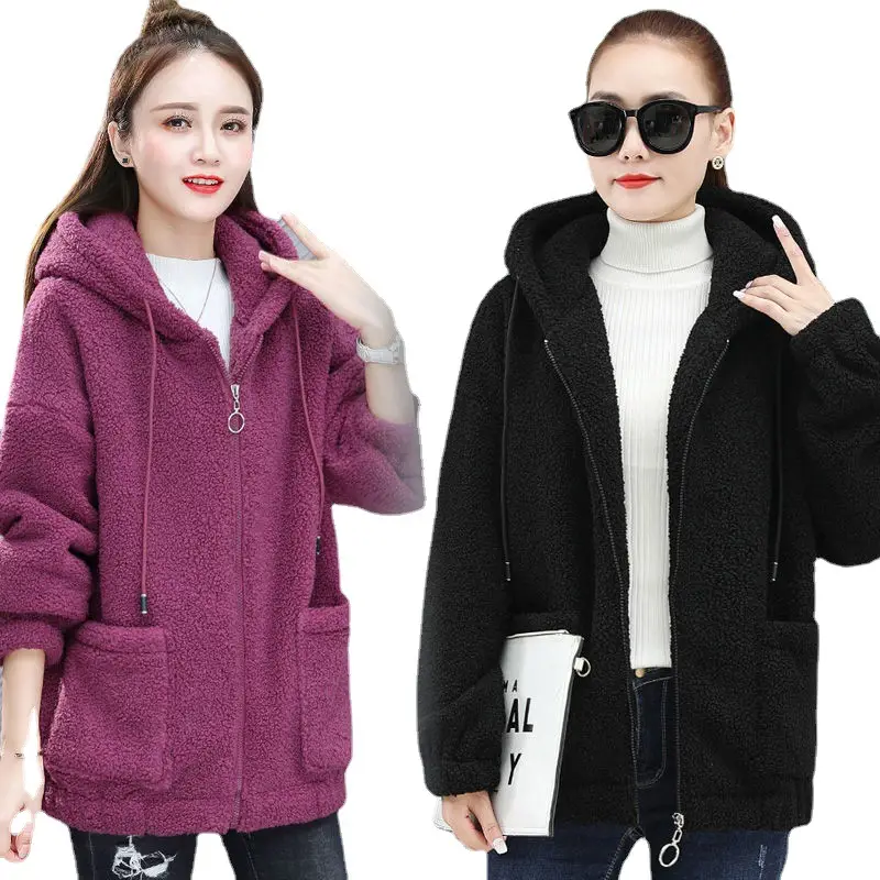 Women's Warm Zipper Cardigan Jacket Brown Velvet Large - Image 9