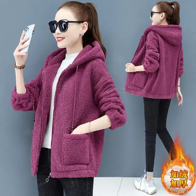 Women's Warm Zipper Cardigan Jacket Brown Velvet Large — feature 19