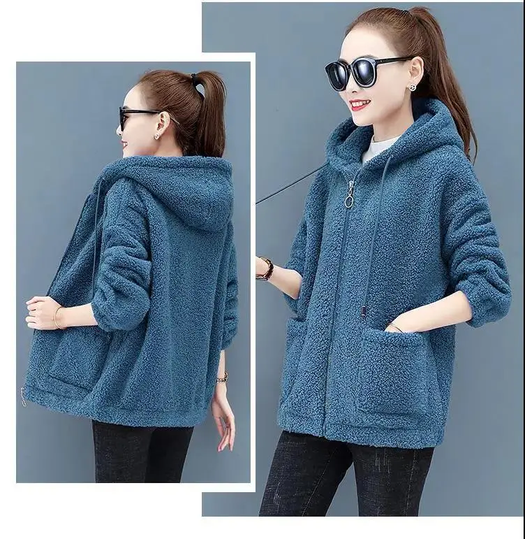 Women's Warm Zipper Cardigan Jacket Brown Velvet Large — feature 32