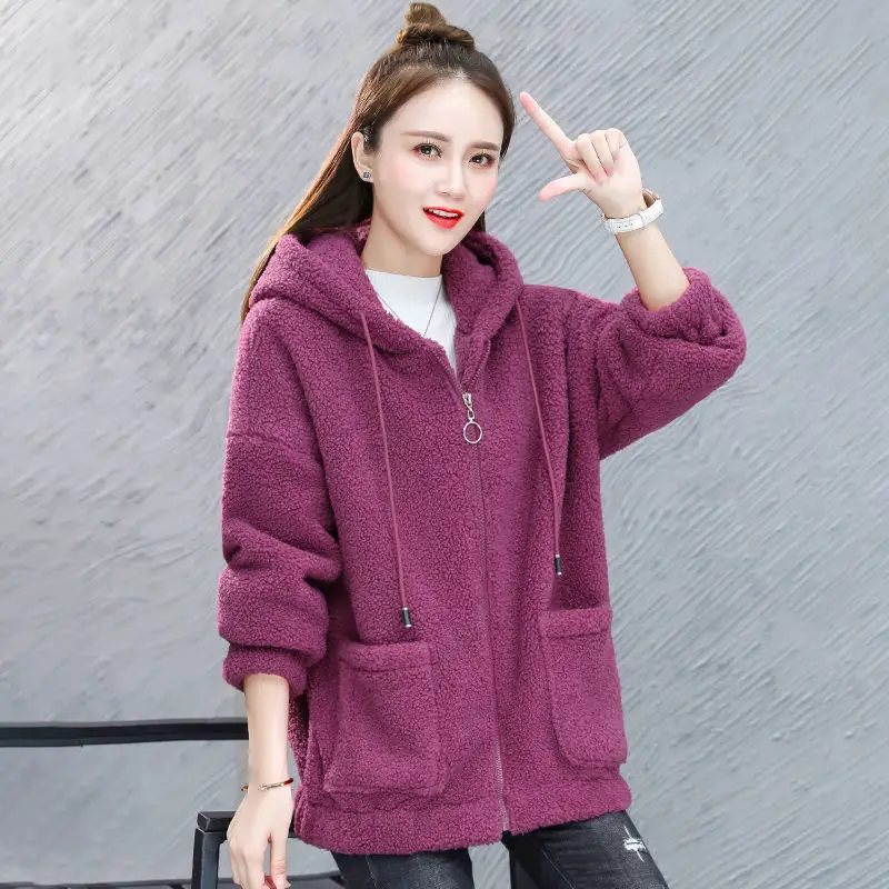 Women's Warm Zipper Cardigan Jacket Brown Velvet Large — feature 38