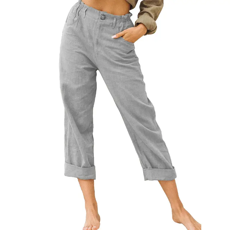 Women's Grey High-Waisted Casual Pants Capri Length - Image 17