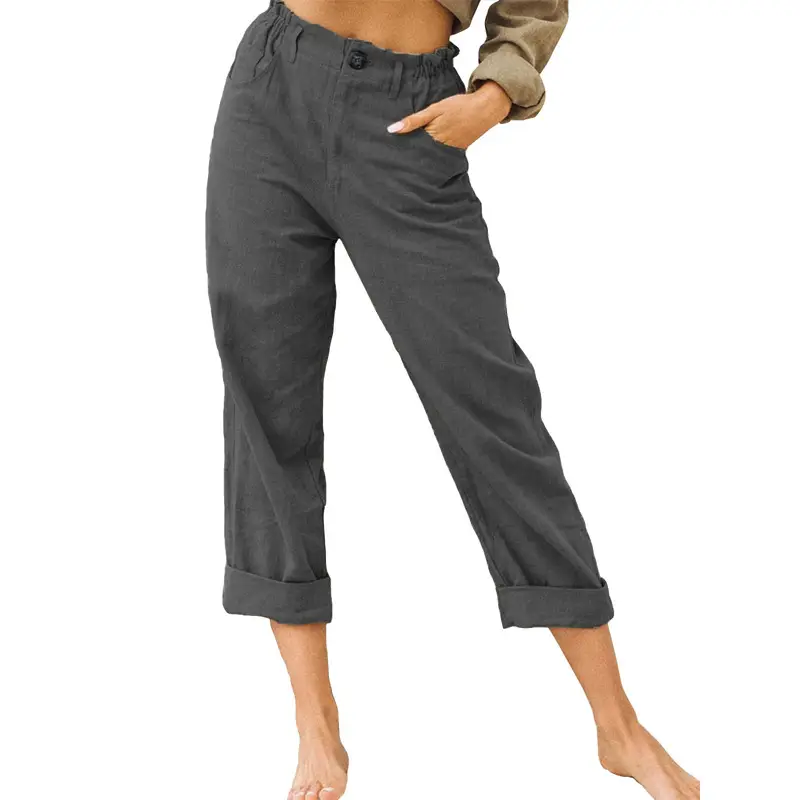 Women's Grey High-Waisted Casual Pants Capri Length - Image 18