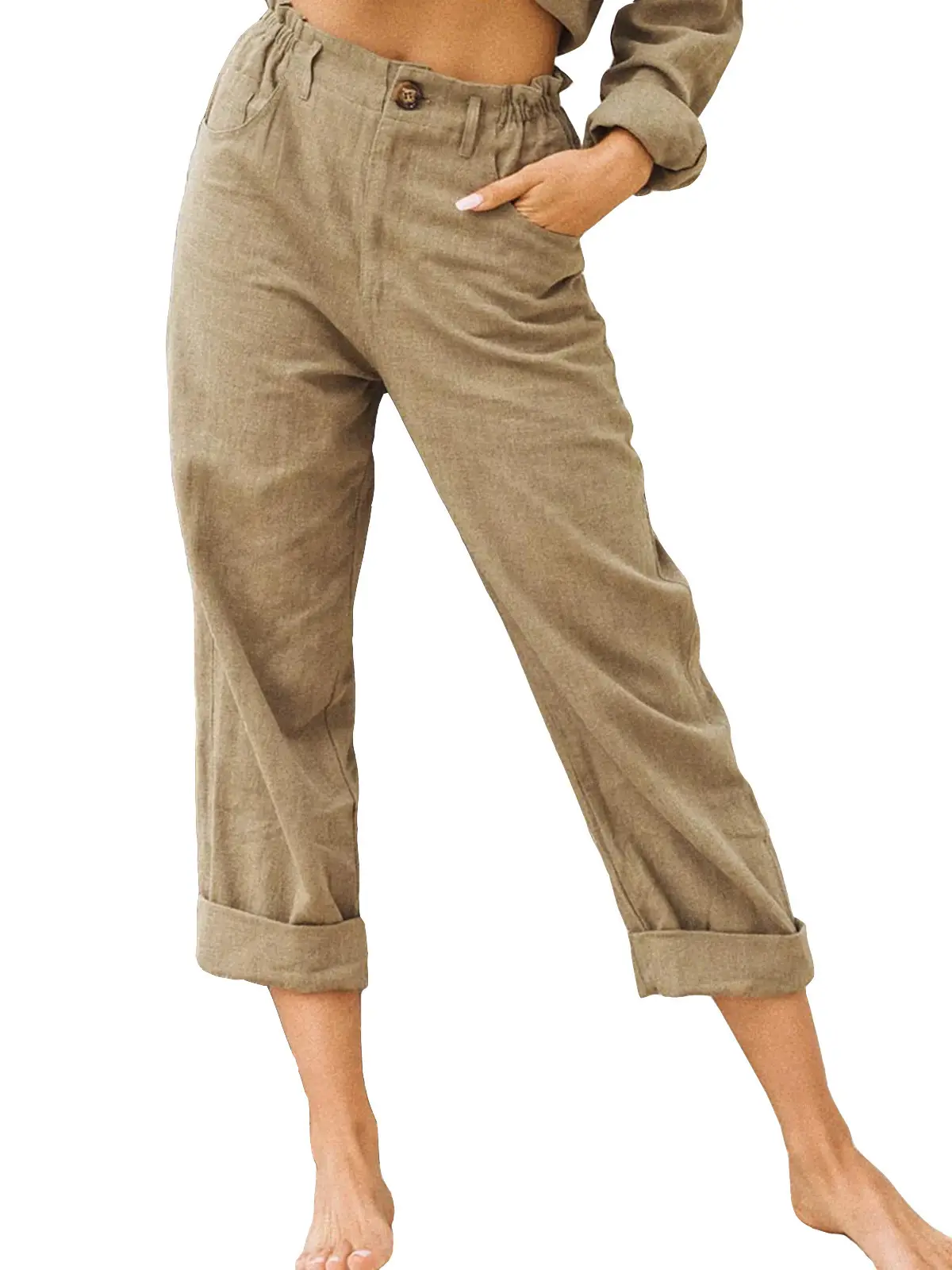 Women's Grey High-Waisted Casual Pants Capri Length - Image 2