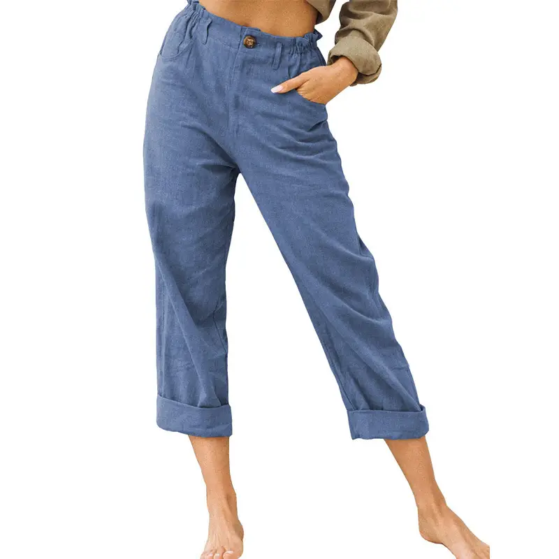 Women's Grey High-Waisted Casual Pants Capri Length - Image 14