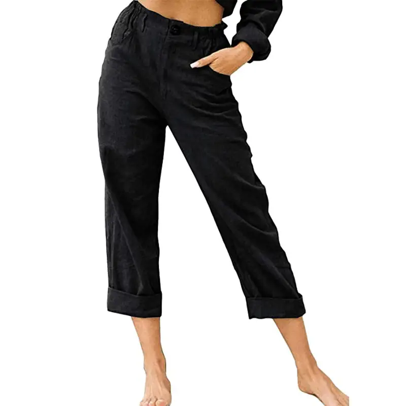 Women's Grey High-Waisted Casual Pants Capri Length - Image 3