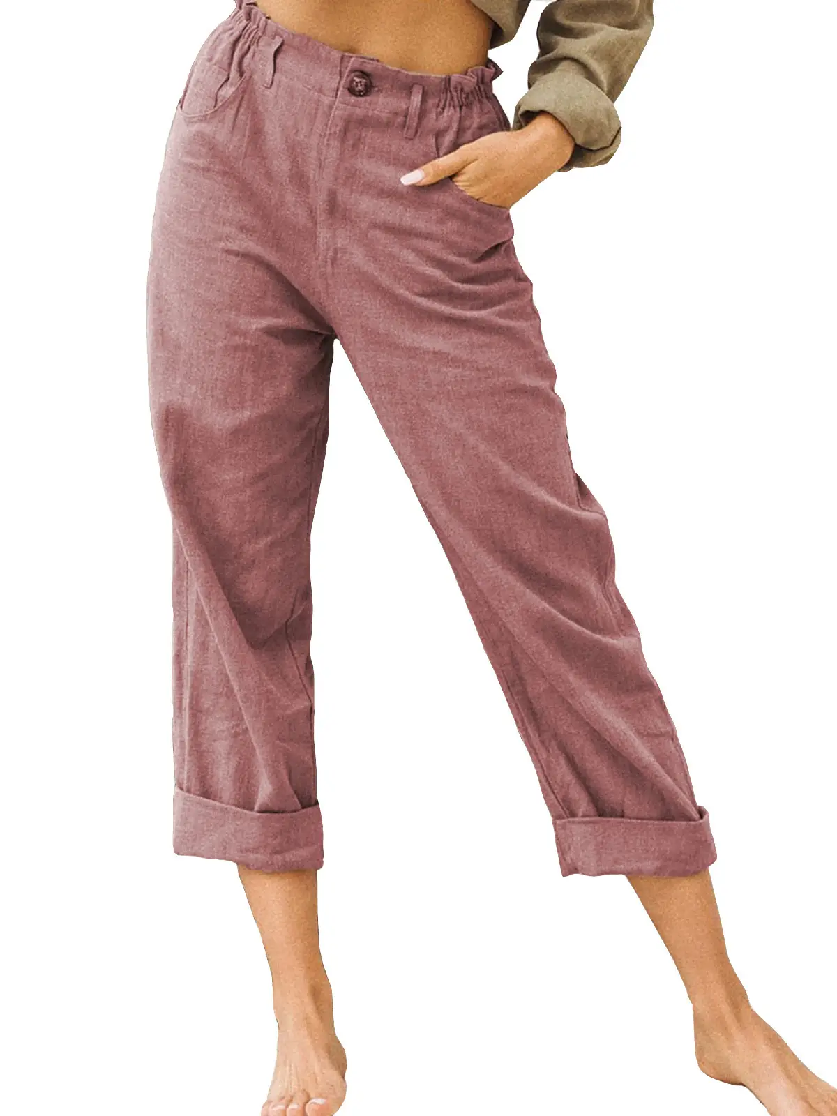 Women's Grey High-Waisted Casual Pants Capri Length - Image 4