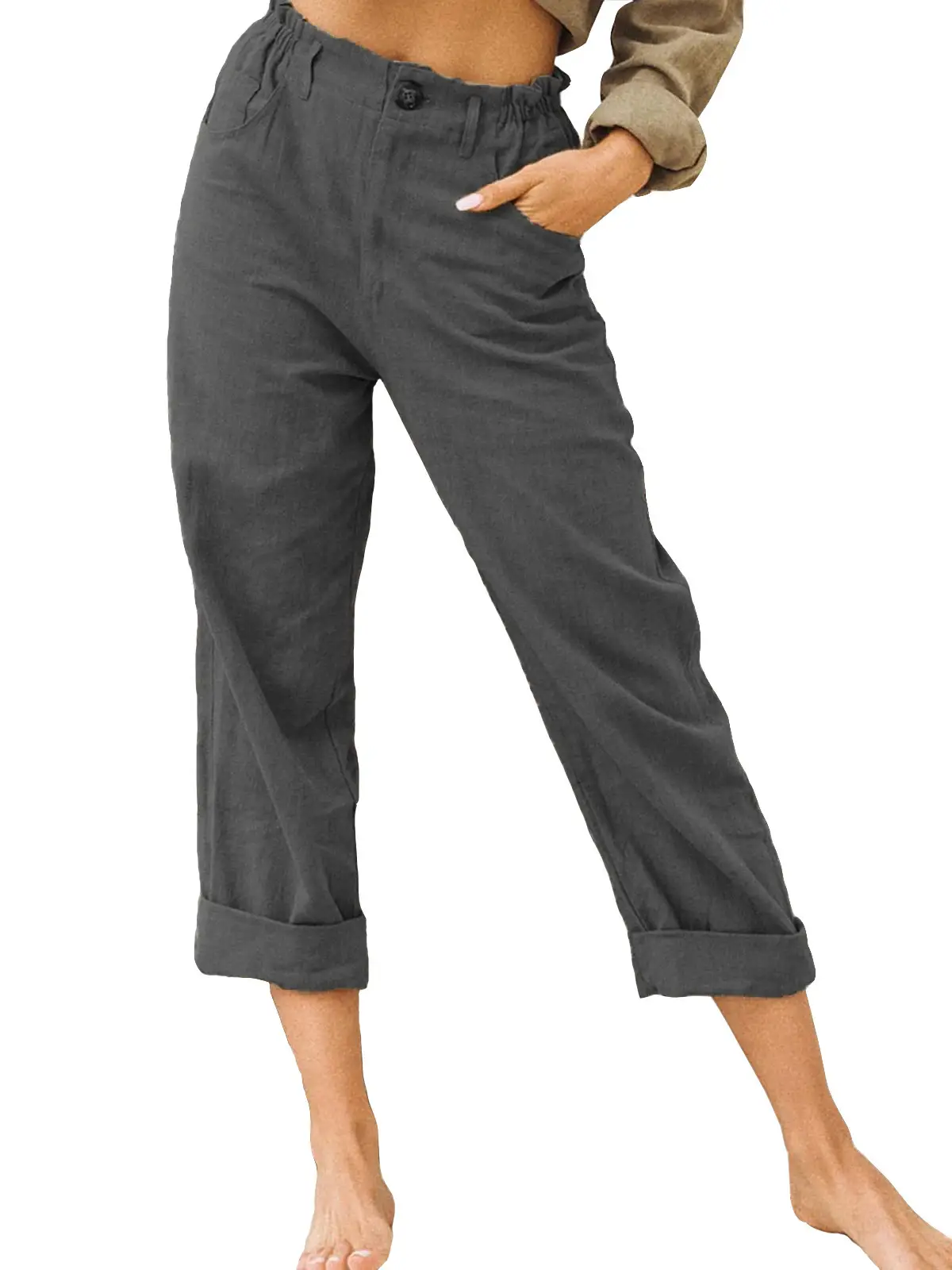 Women's Grey High-Waisted Casual Pants Capri Length - Image 6