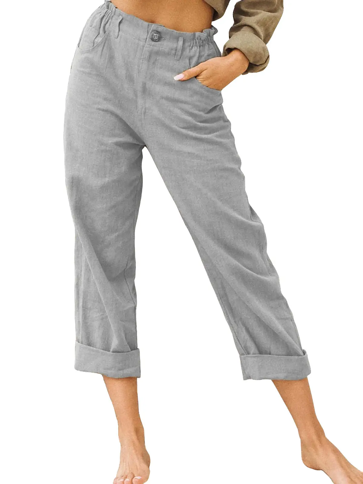 Women's Grey High-Waisted Casual Pants Capri Length - Image 7