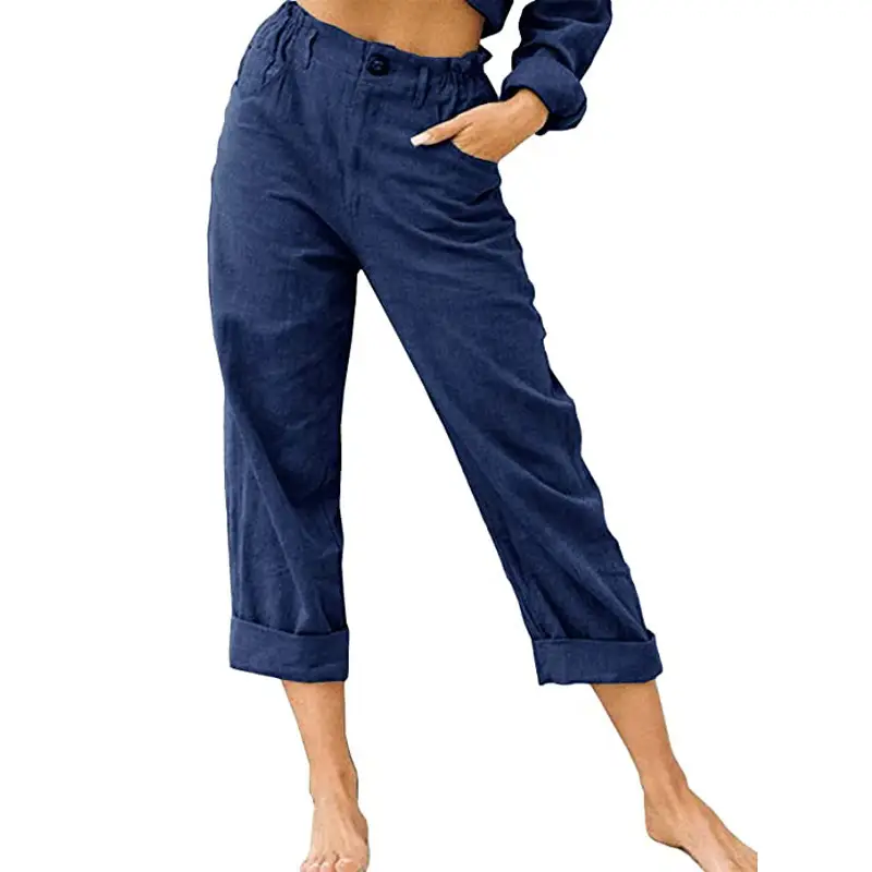Women's Grey High-Waisted Casual Pants Capri Length - Image 8