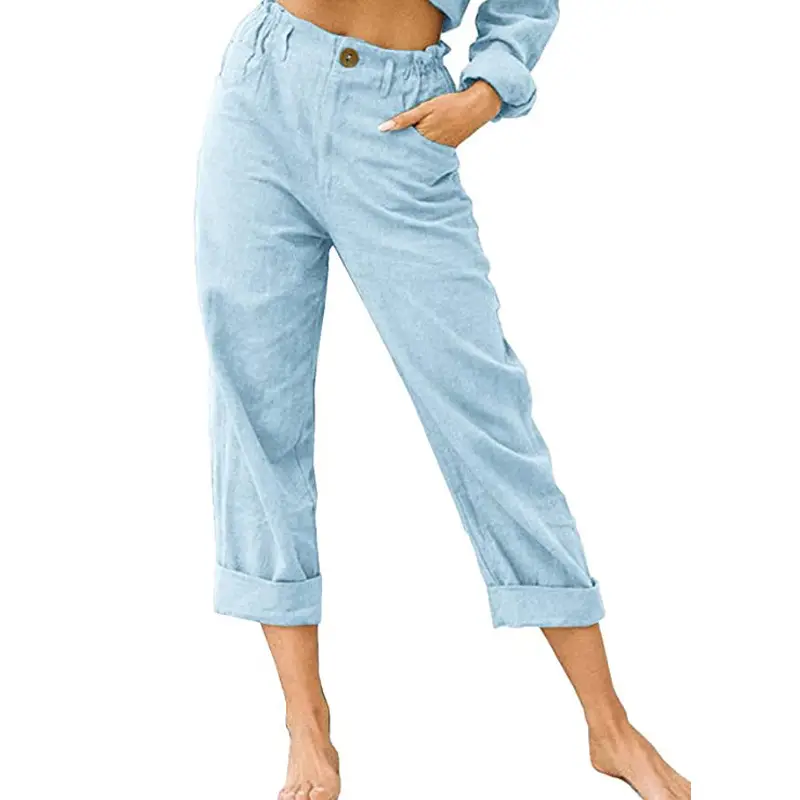 Women's Grey High-Waisted Casual Pants Capri Length - Image 9