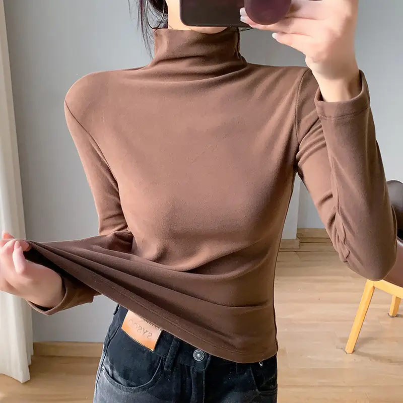 Women White Fleece Half-High Collar Long Sleeve Top - Image 6