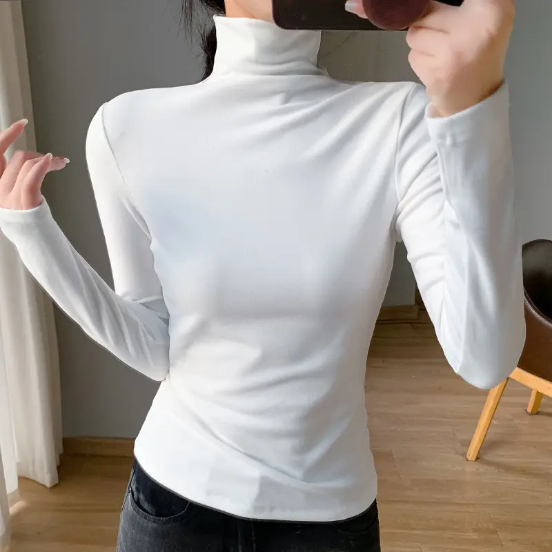 Women White Fleece Half-High Collar Long Sleeve Top - Image 7