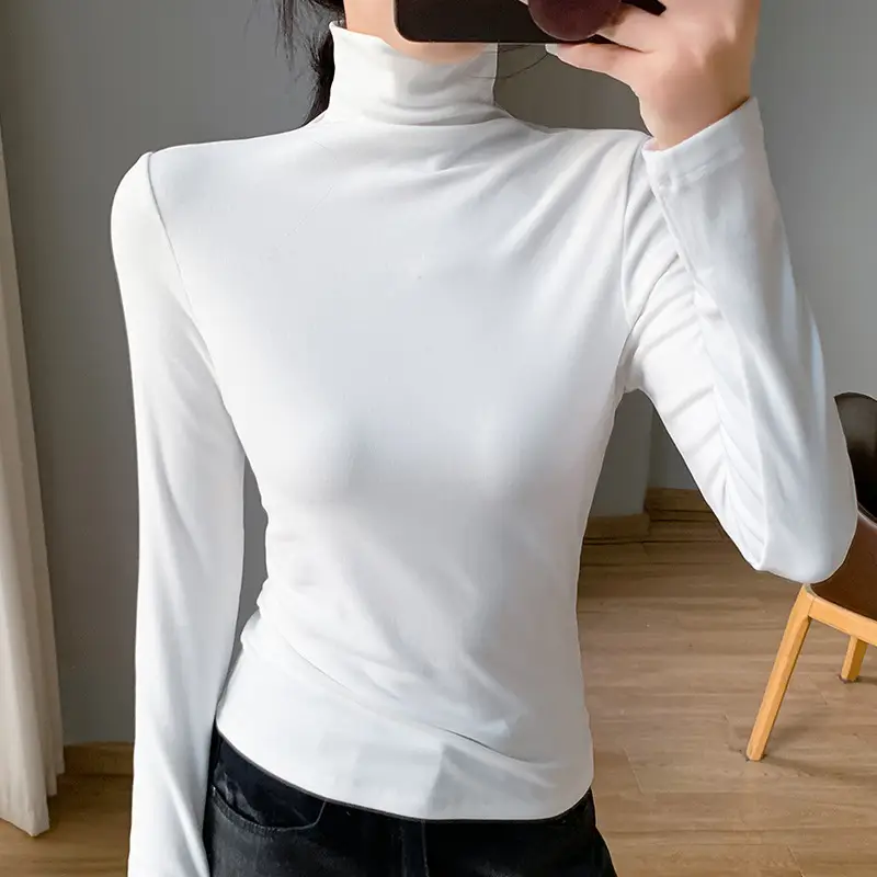 Women White Fleece Half-High Collar Long Sleeve Top - Image 8
