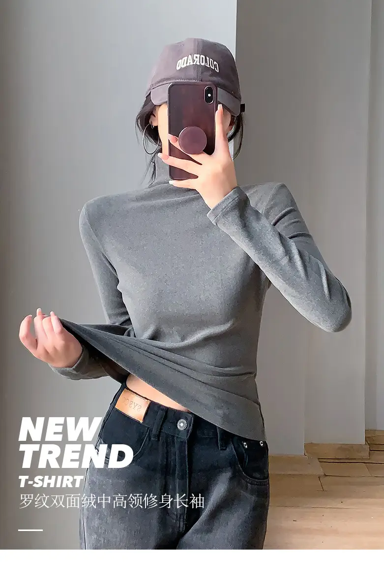 Women White Fleece Half-High Collar Long Sleeve Top — feature 1