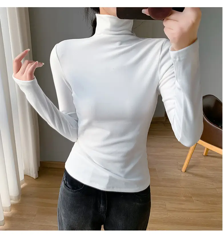 Women White Fleece Half-High Collar Long Sleeve Top — feature 12
