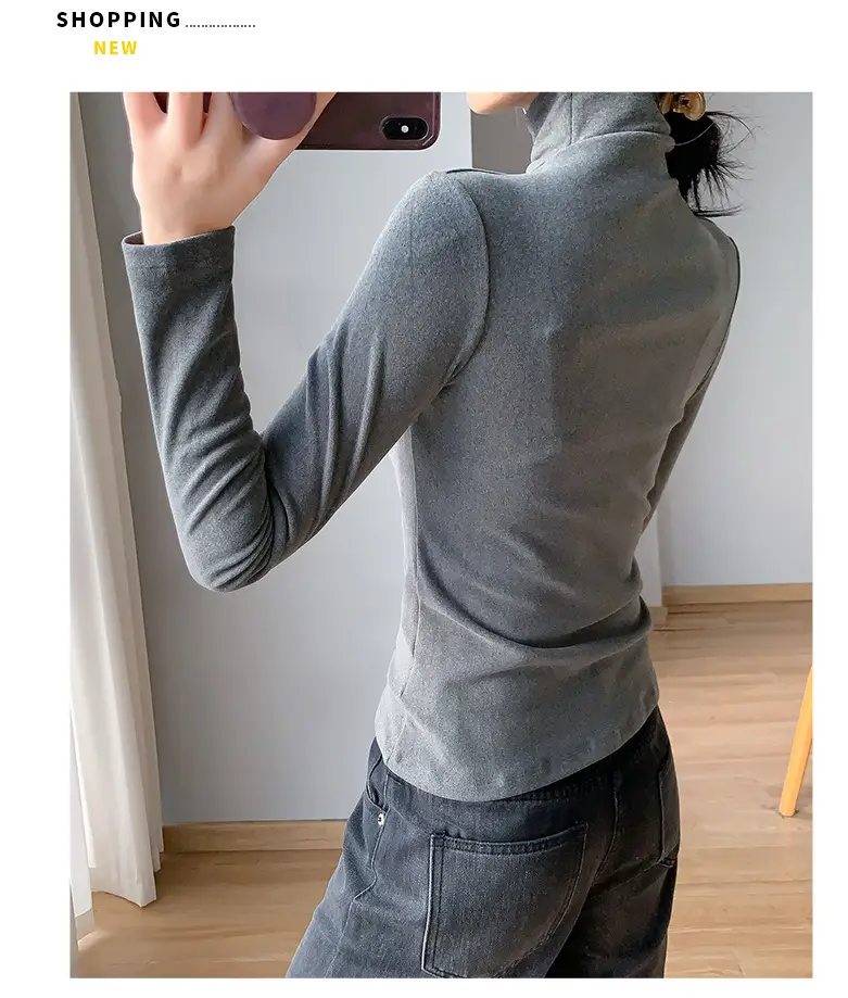 Women White Fleece Half-High Collar Long Sleeve Top — feature 7