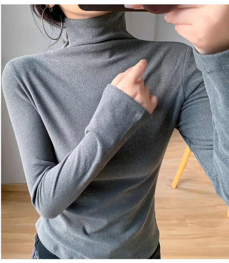 Women White Fleece Half-High Collar Long Sleeve Top — feature 9