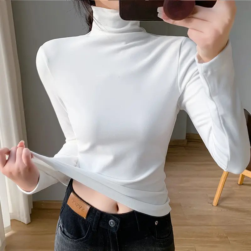 Women White Fleece Half-High Collar Long Sleeve Top - Image 2