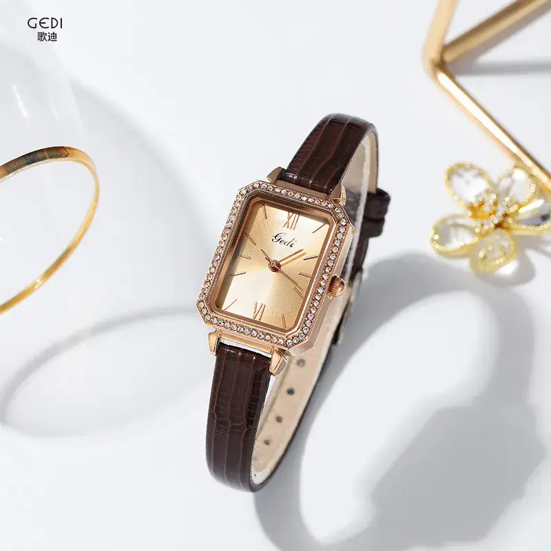 Gold Square Plate Quartz Watch for Women with Diamond Bezel - Image 7