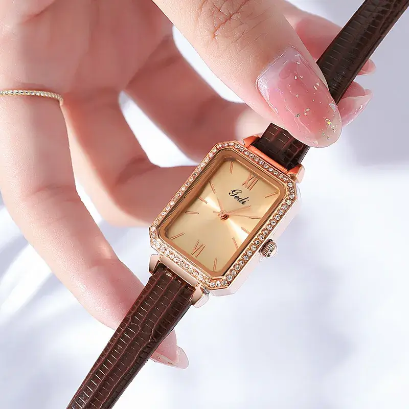 Gold Square Plate Quartz Watch for Women with Diamond Bezel - Image 8