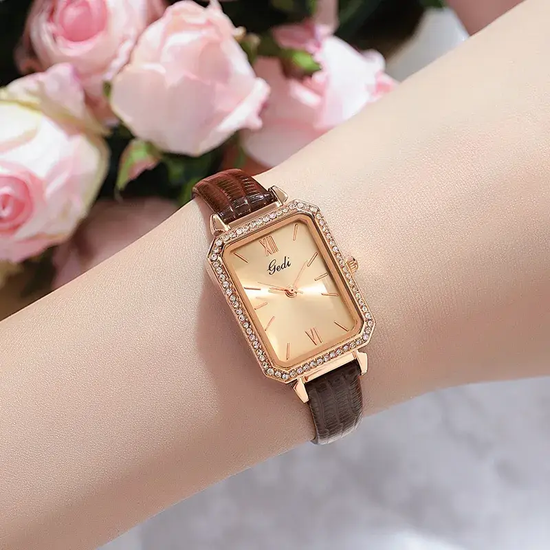 Gold Square Plate Quartz Watch for Women with Diamond Bezel - Image 9