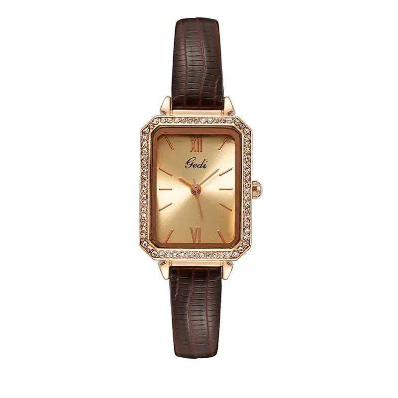 Gold Square Plate Quartz Watch for Women with Diamond Bezel - Image 11